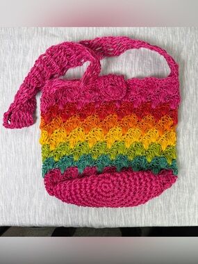 Rainbow Stripe Crochet Raffia Crossbody Bag | Hot Pink & Rainbow | Boho Festival
